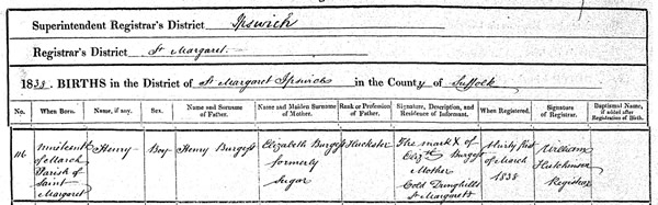 Birth certificate for Henry Burgess from Ipswich